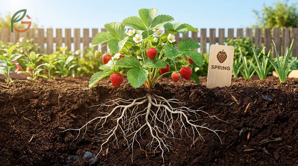 Young strawberry plants establishing roots in spring soil four weeks before the last frost date.
