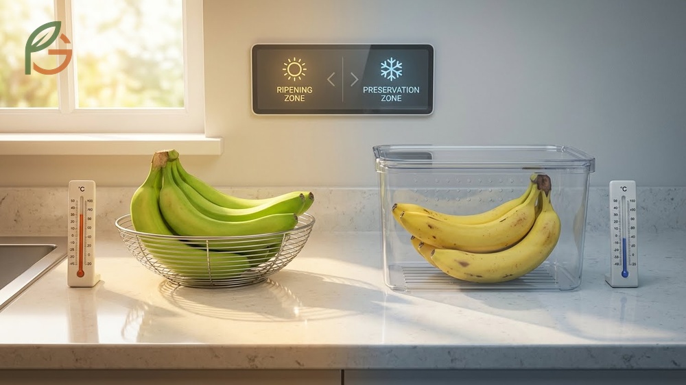 Keeping bananas from turning brown involves storing them at cool room temperatures away from other ethylene producing fruits.