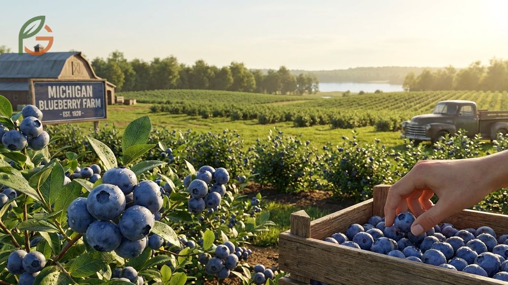When are blueberries in season in Michigan featuring peak production in July and August for highbush berries.
