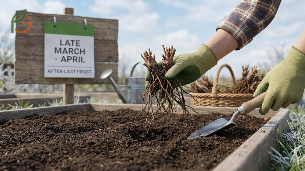 Calendar marked for early spring planting of bare root strawberry plants based on frost dates.