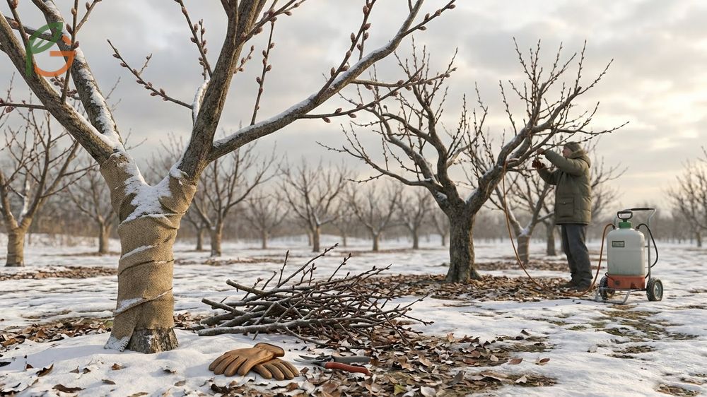 Winter care for peach trees includes applying dormant oil spray to control pests before spring buds emerge.