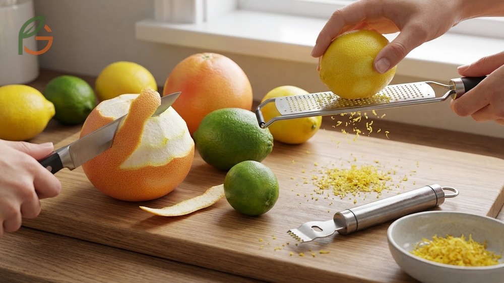 Zesting citrus fruits involves adjusting techniques for different peel thicknesses found in lemons, limes, and grapefruits.