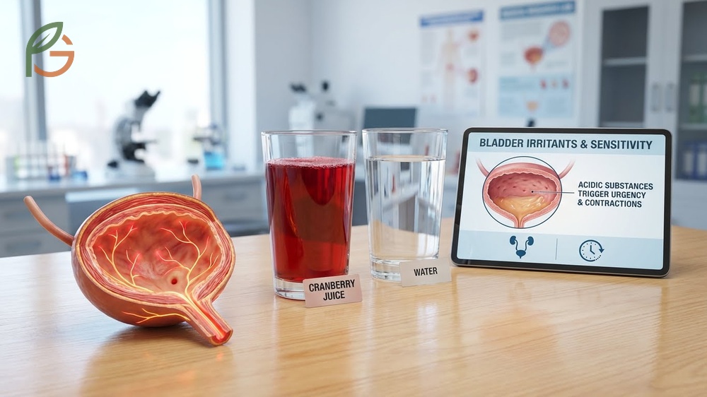 Bladder irritants and frequent urination management involves diluting acidic cranberry juice with water to reduce sensitivity in interstitial cystitis.