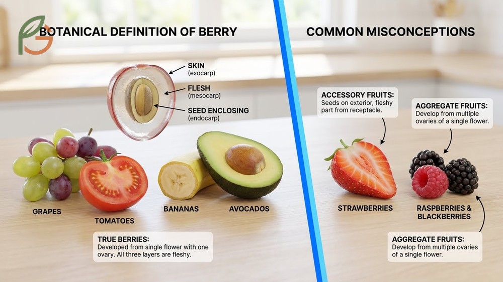 Botanical definition of berry illustrating why avocados fit this category with three fleshy layers.