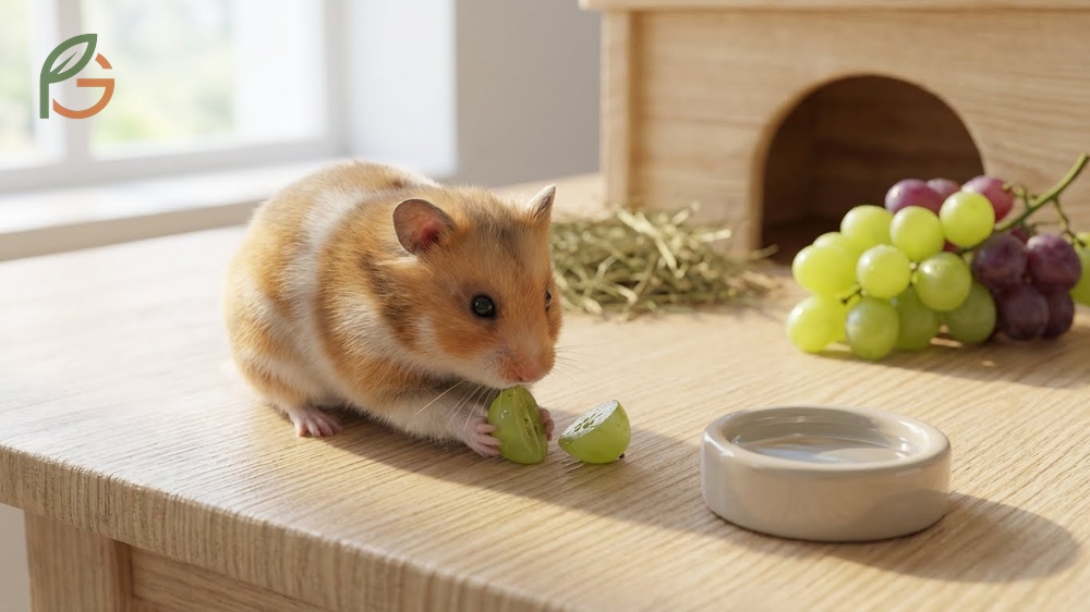 Hamsters eating small portions of grapes with specific warnings for dwarf breeds prone to diabetes.