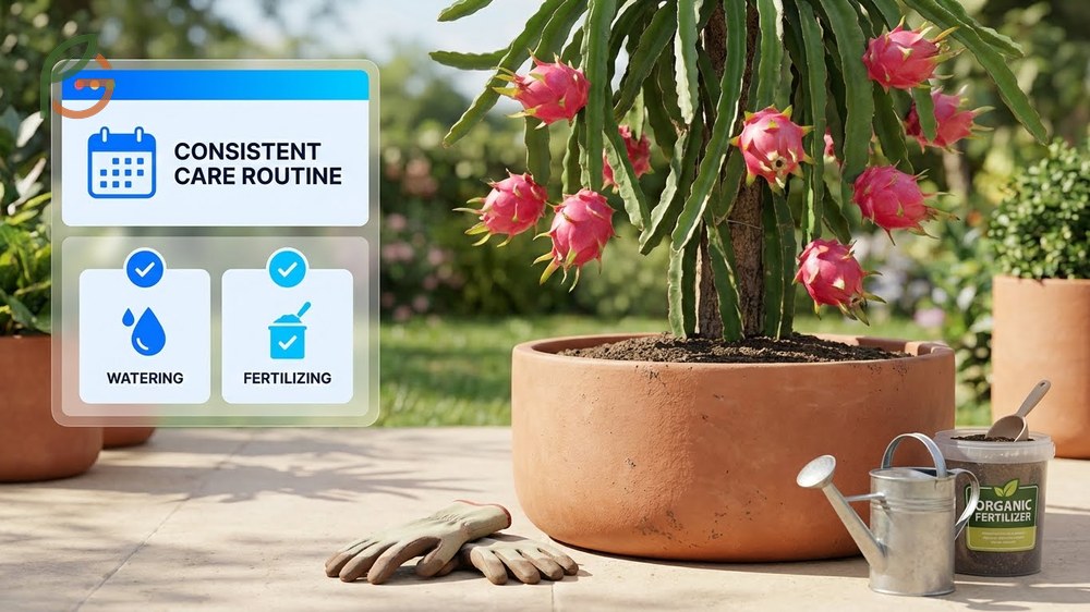 Container dragon fruit care involves watering deeply once weekly and applying balanced NPK fertilizer every 2 months.
