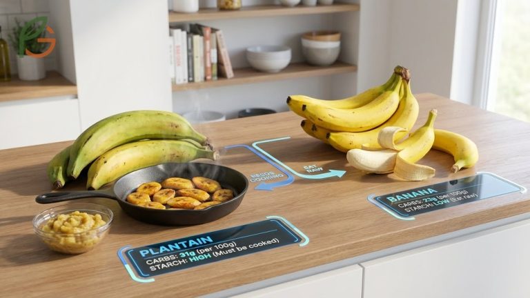 Visual difference between plantain and banana showing size variations and skin texture distinctness.