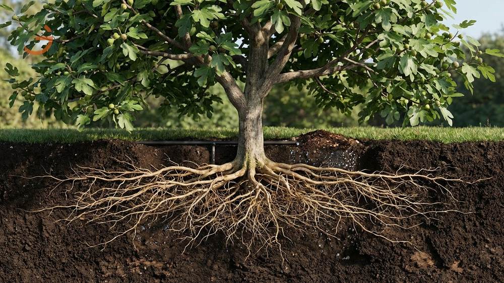 Fig tree root system spreading wide laterally to access surface moisture and nutrients.