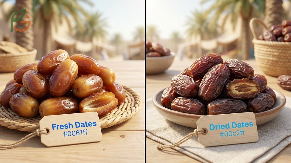 Fresh dates vs dried dates differ as fresh ones contain 60 percent water while dried ones have only 25 percent moisture.
