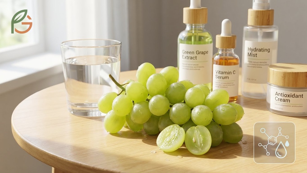 Green grapes benefits for skin highlighting vitamin C content and hydration support for collagen synthesis.