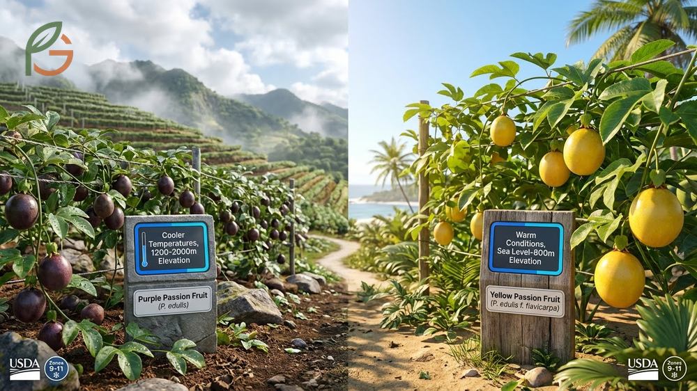 Purple vs Yellow passion fruit growing conditions require cooler elevations for purple and tropical heat for yellow.