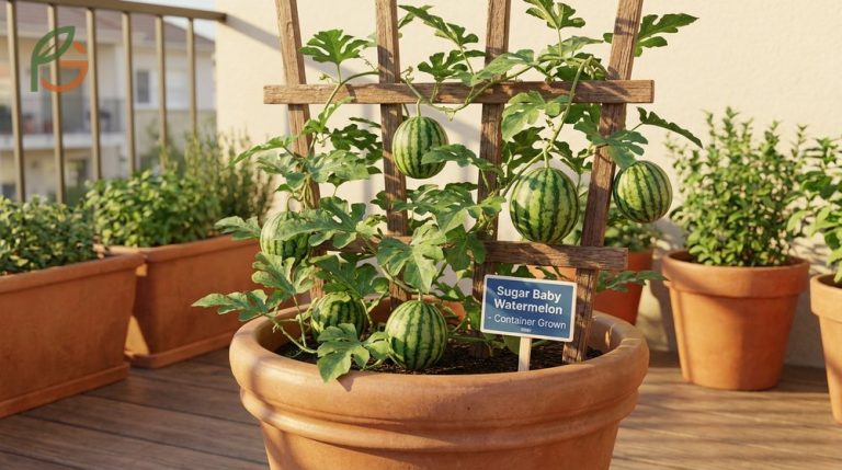 Growing watermelon in pots succeeds with dwarf varieties like Sugar Baby in 5 to 10 gallon containers.