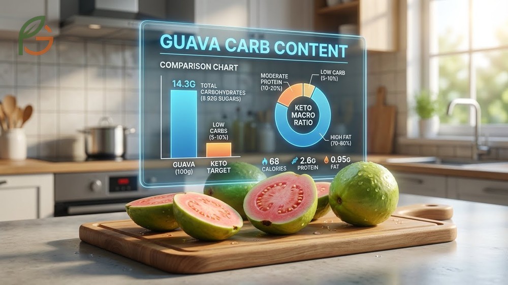 Guava carb content breakdown revealing 8.92g sugars and 68 calories in a standard serving.