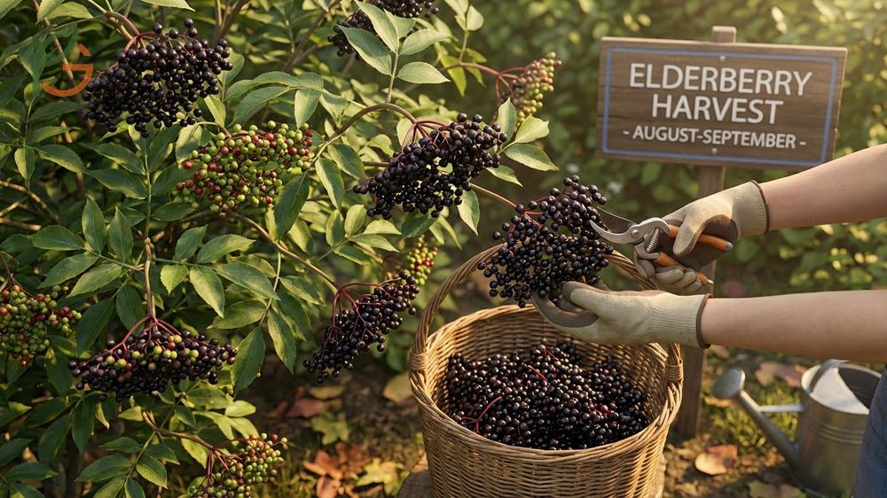 Harvesting and drying elderberries when clusters turn dark purple to preserve flavor and nutrients.