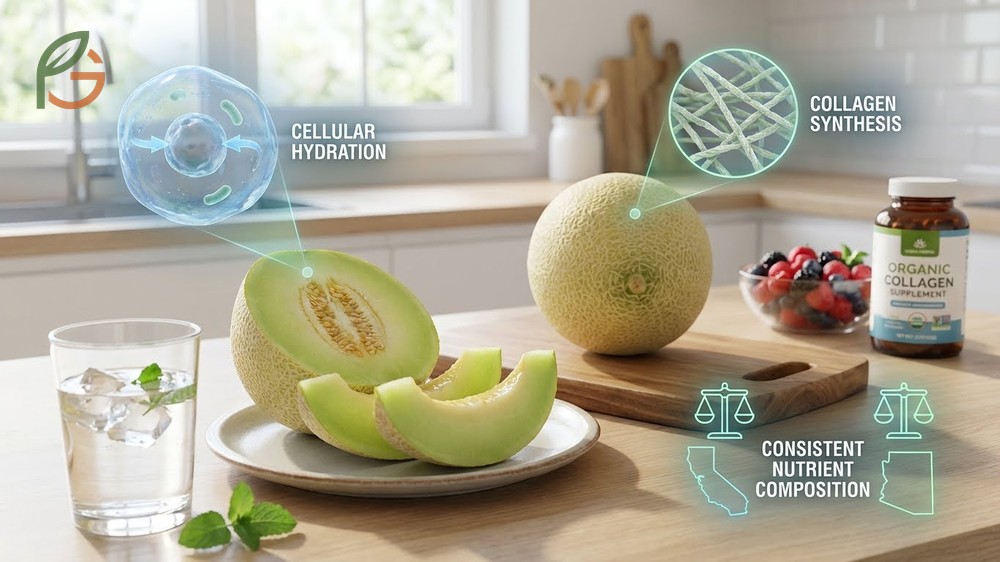 Health benefits of honeydew melon including hydration support and vitamin C for skin collagen.