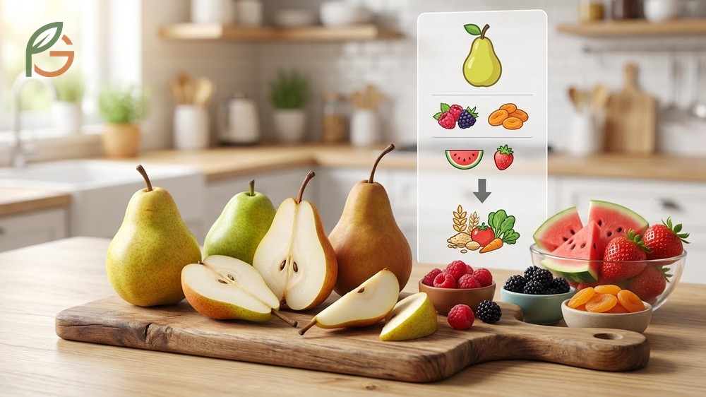 High fiber fruit comparison ranking pears with 6 grams per serving against apples and bananas.
