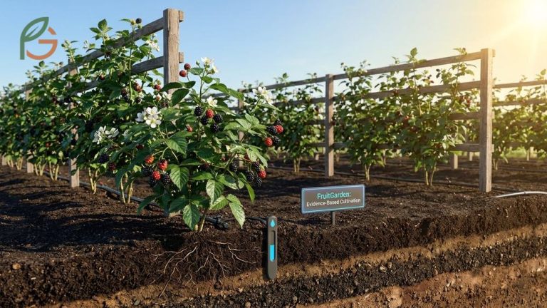 healthy blackberry plants growing in a garden bed with green leaves and developing berry clusters, showing young blackberry bushes planted in rich soil under natural sunlight