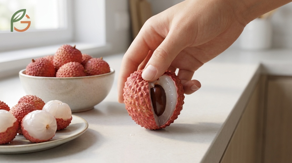 How to peel lychee efficiently using the thumbnail pierce or squeeze technique to remove the bumpy red shell easily.