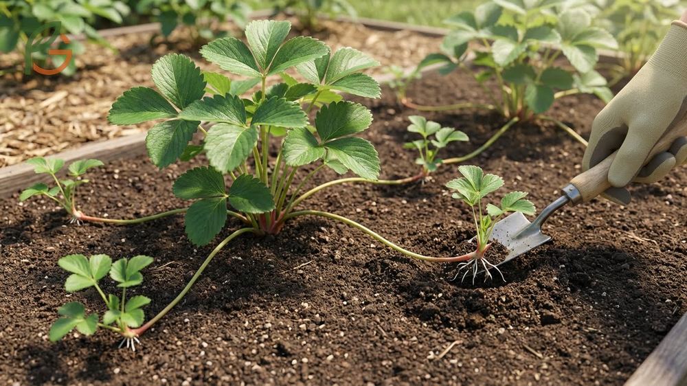 Strawberry runners pinned to the soil surface to establish new root systems for propagation.