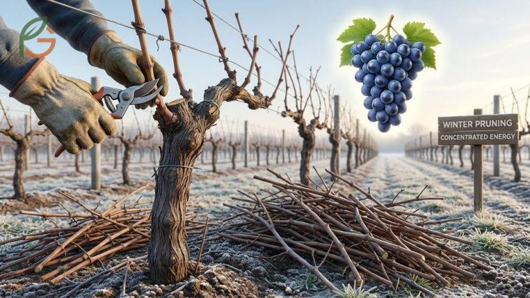 How to prune grape vines effectively by removing 90 percent of last year growth during winter dormancy.