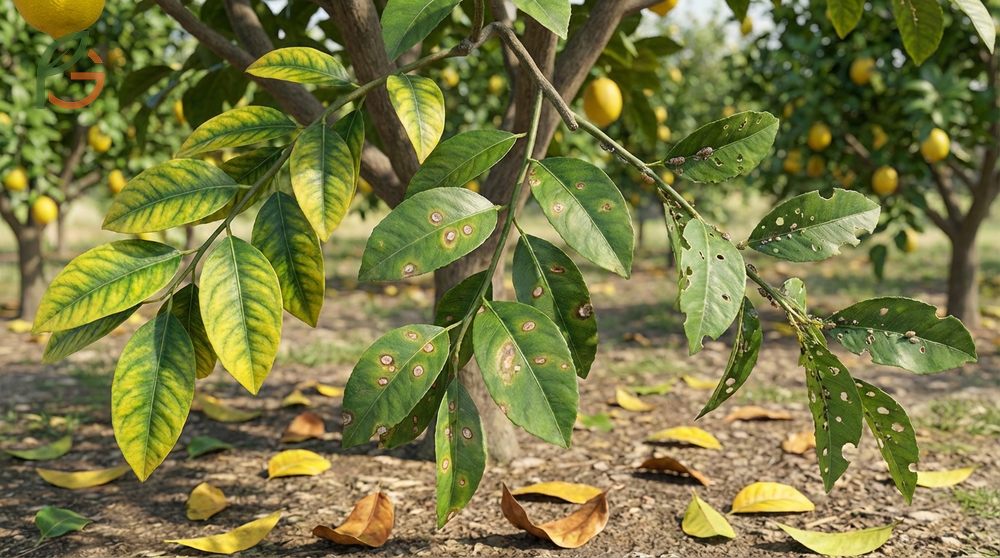 Lemon leaf drop causes including nitrogen deficiency and root rot affecting tree health and foliage.