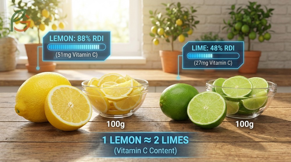 One medium lemon provides about 51mg of vitamin C which is nearly double the amount found in limes.