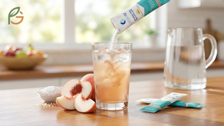 Liquid IV White Peach provides three times the electrolytes of water with only fifteen calories per serving.