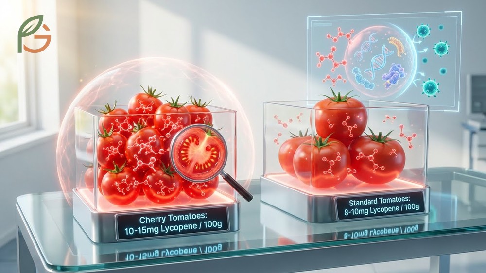 Lycopene antioxidant levels in cherry tomatoes are higher than in standard tomato varieties.