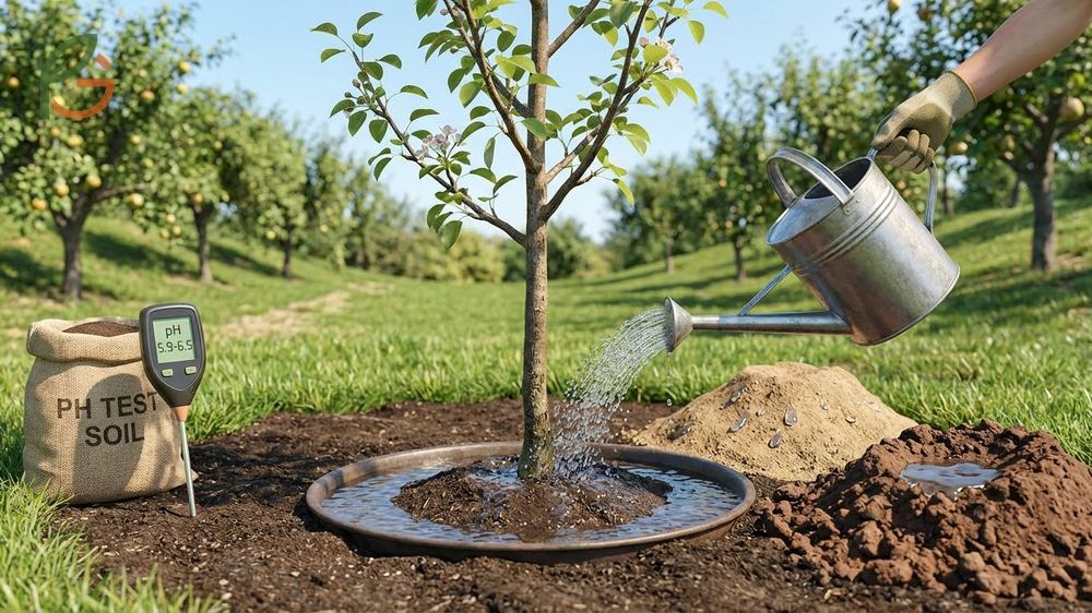 Pear tree establishment tips including watering schedules and mulching.