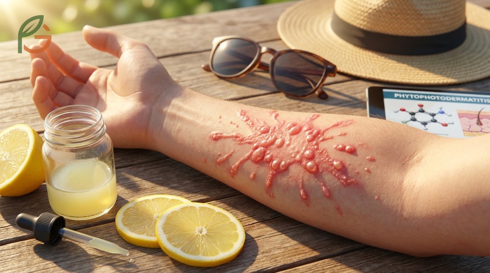 Phytophotodermatitis from lemon occurs when furanocoumarins react with UV light causing severe blistering burns.