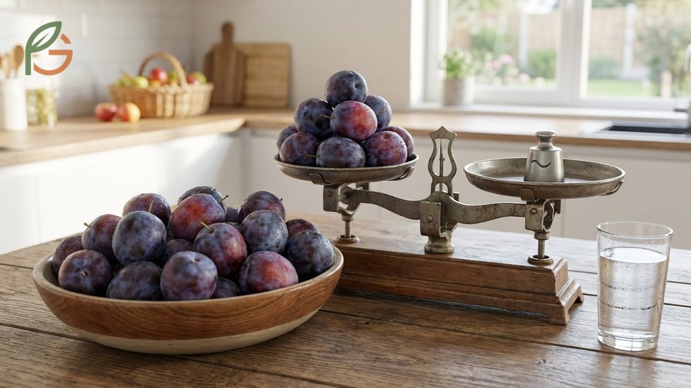 Plum benefits for weight loss illustrated by 0.92g fiber content per fruit promoting satiety and reduced calorie intake.