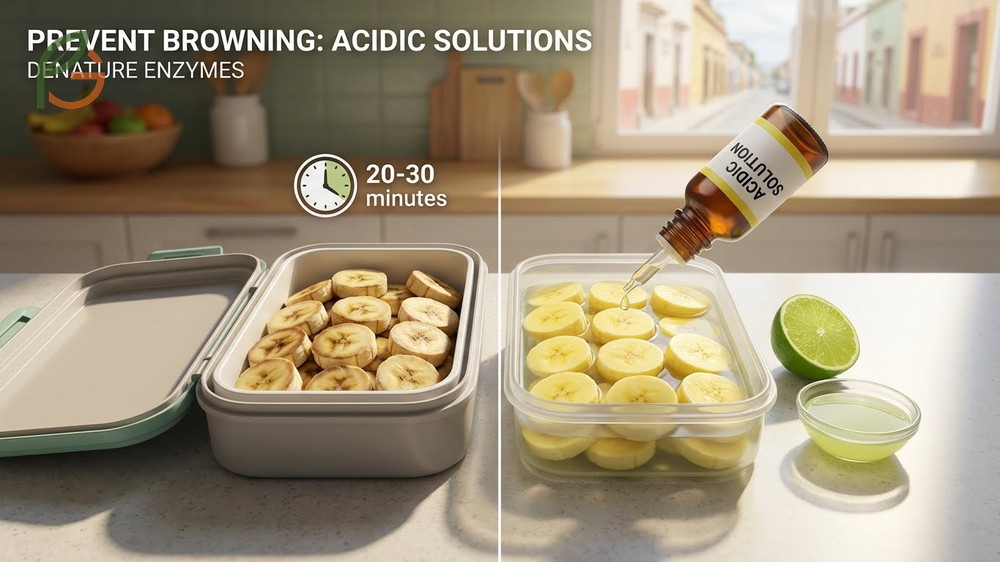 Sliced bananas stay fresh and yellow when coated with acidic solutions like lemon juice to inhibit enzymatic browning.