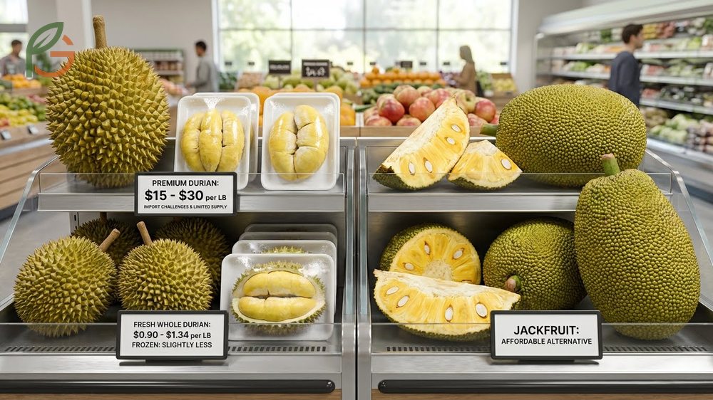 Price difference durian jackfruit market data listing fresh durian at over 1 dollar per pound versus cheaper jackfruit.