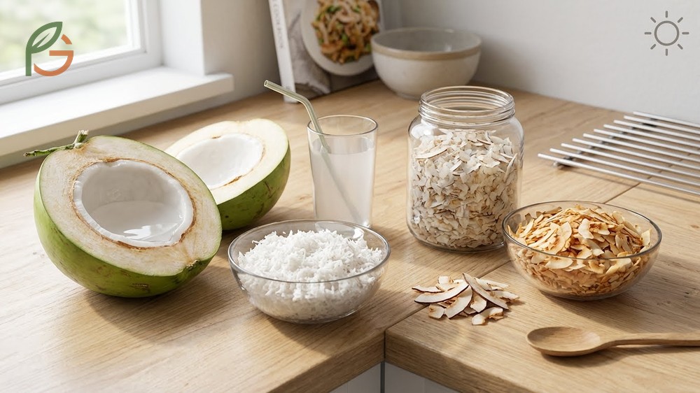 Raw vs dried coconut comparison illustrating how dehydration concentrates nutrients and calories.