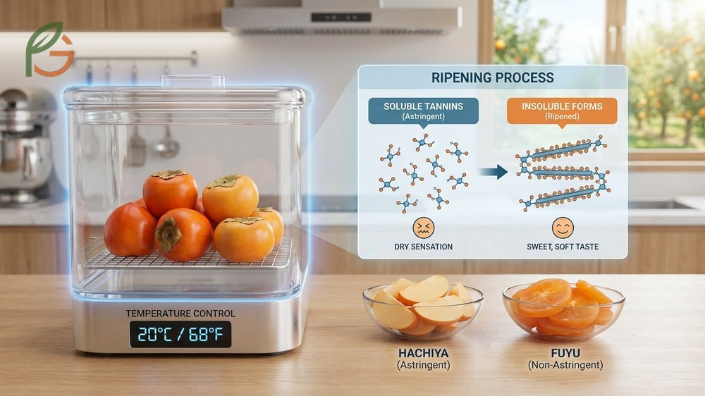 Research indicates persimmons ripen successfully off the tree by converting soluble tannins to insoluble forms over 5 to 7 days.