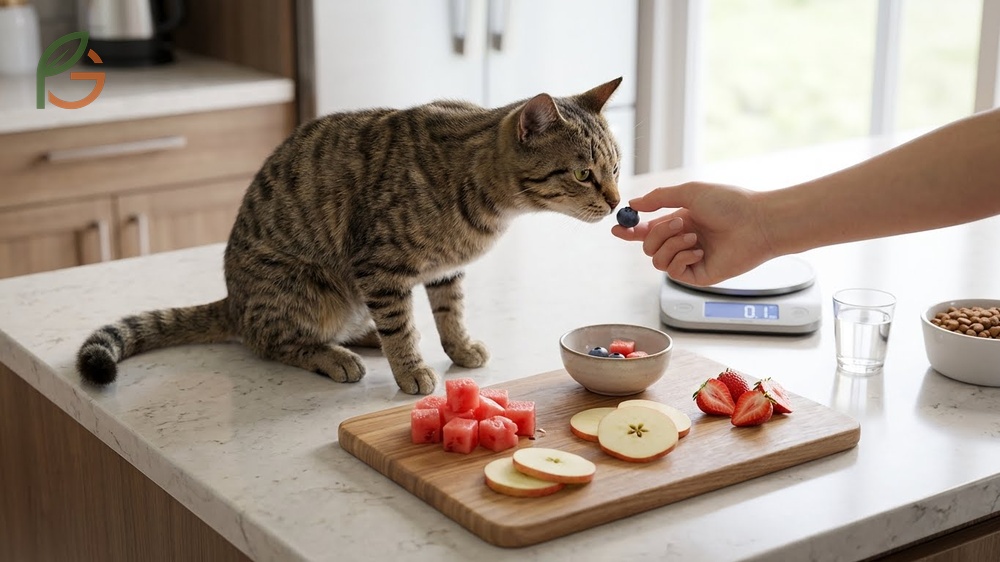 Safe fruits for cats guidelines recommending removal of all seeds and pits and listing toxic fruits like grapes and citrus.