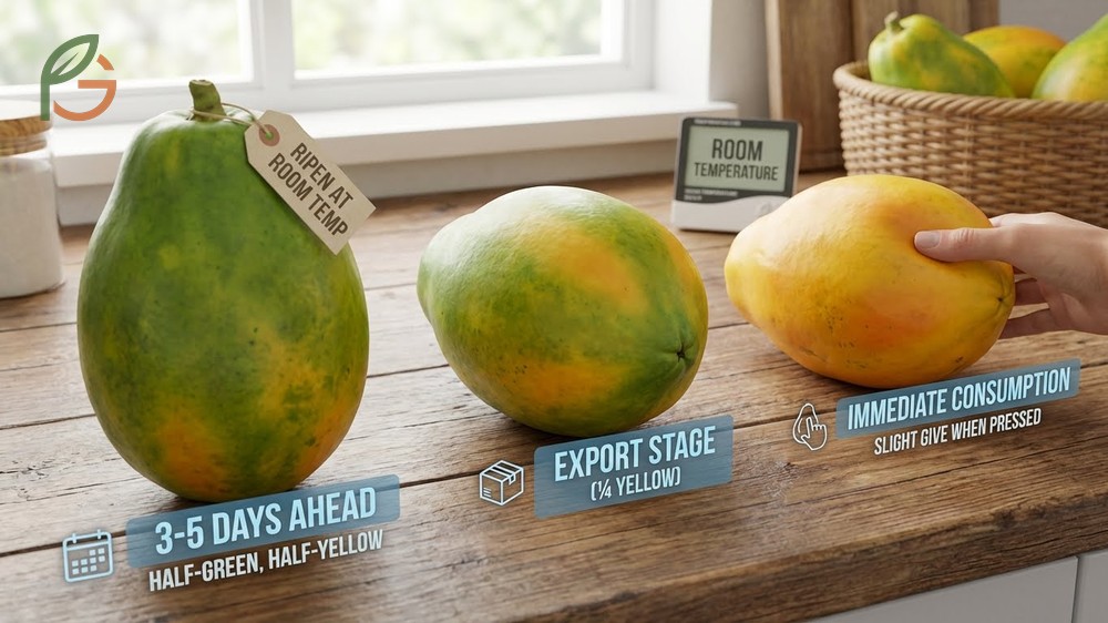 Selecting ripe papaya for immediate eating by choosing fruit with 80 percent yellow skin and slight softness.