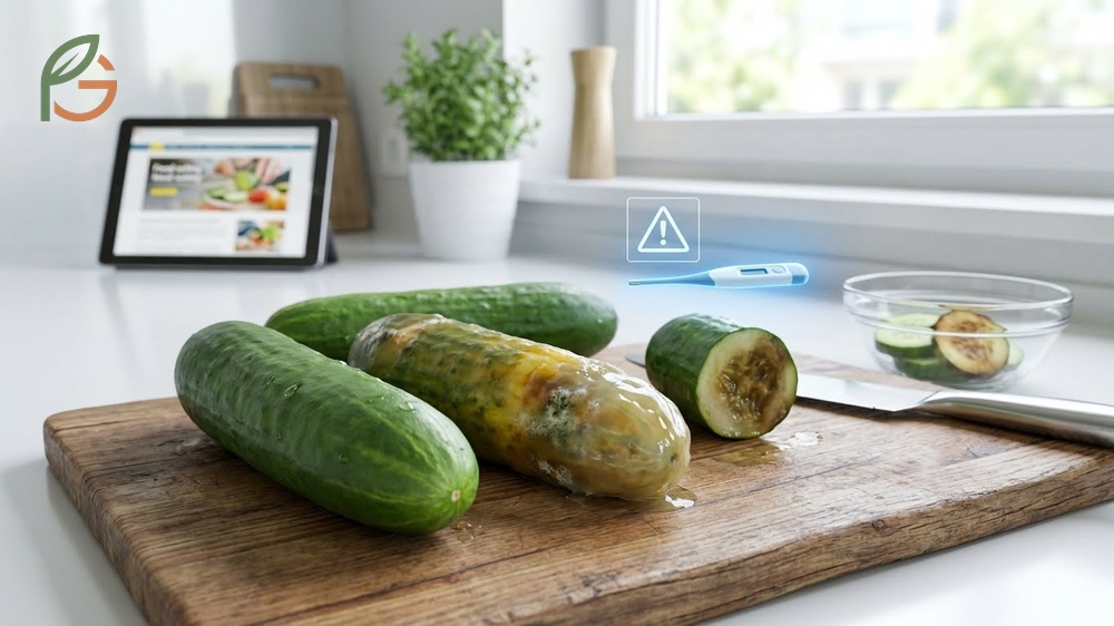 Signs of spoiled cucumber include slimy texture and soft spots indicating the vegetable is unsafe to eat.