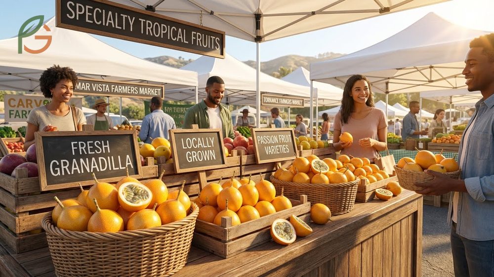 Specialty stores granadilla selection at local farmers markets offering rare tropical fruits to dedicated enthusiasts.