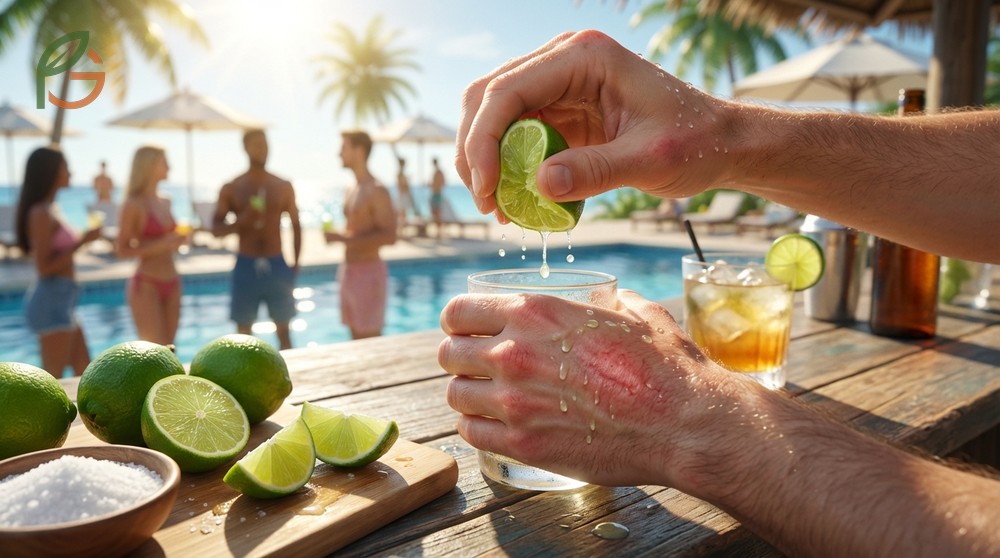 Sun lime burn risks increase during outdoor activities like making margaritas by the pool in direct sunlight.