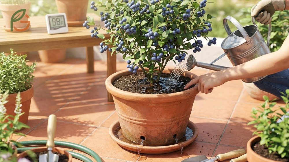 Watering potted blueberries requires daily attention during summer heat to keep the shallow roots moist.