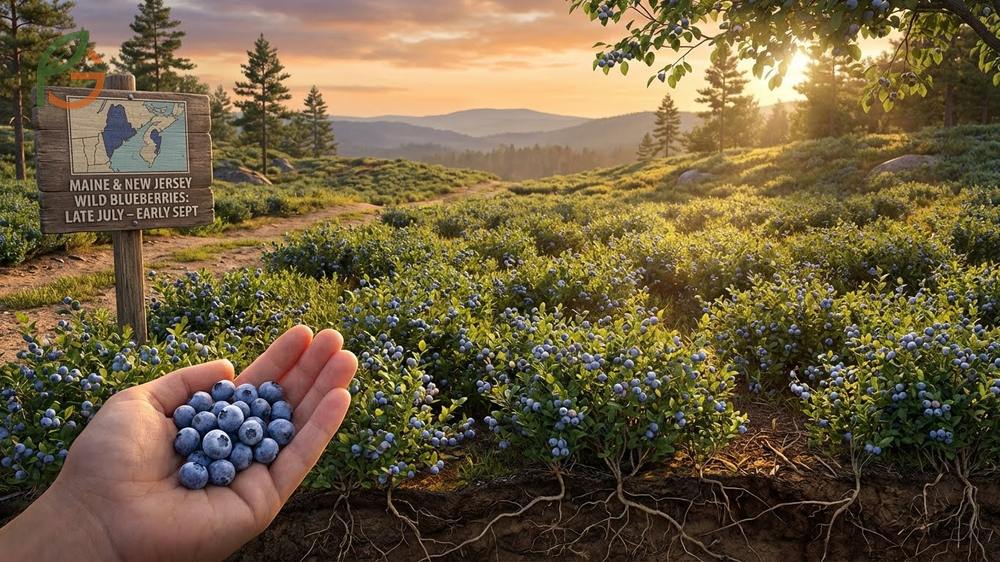 When are blueberries in season for Maine wild berries in late July and New Jersey cultivated crops in June.