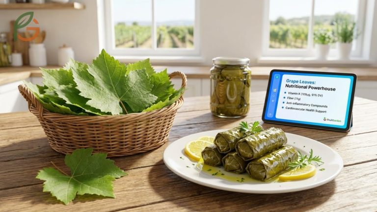 Are grape leaves good for you infographic highlighting vitamin K content and heart healthy compounds in fresh vine leaves.