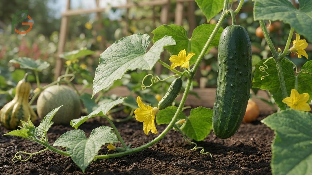 Cucumber vines growing with yellow flowers showing the botanical classification of cucumis sativus as a creeping vine.