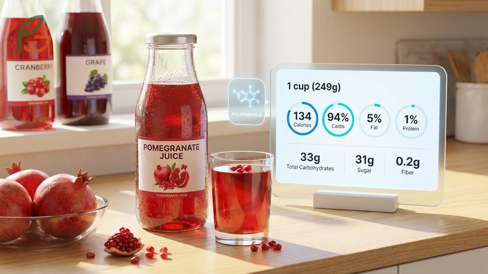 Calories in pomegranate juice providing 134 calories per cup with nutrients.