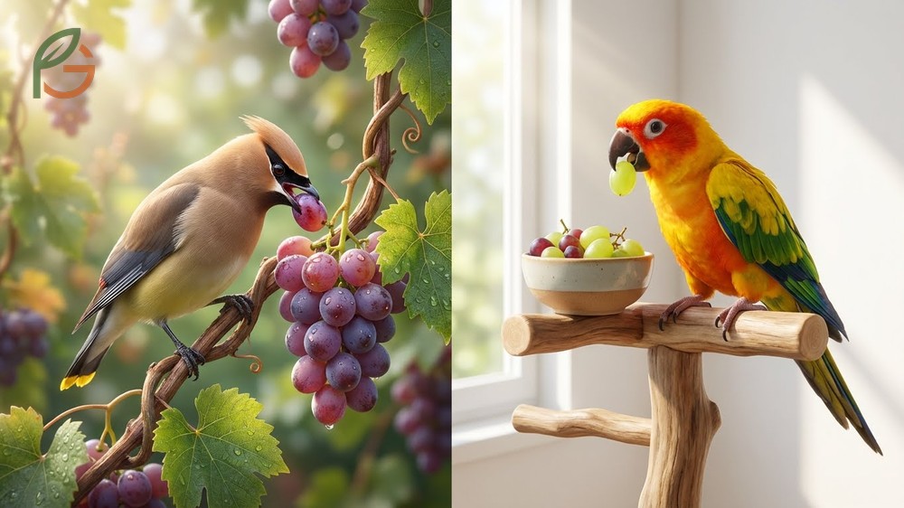 Birds enjoying grapes as a hydration source comprising 5 to 10 percent of their daily diet.