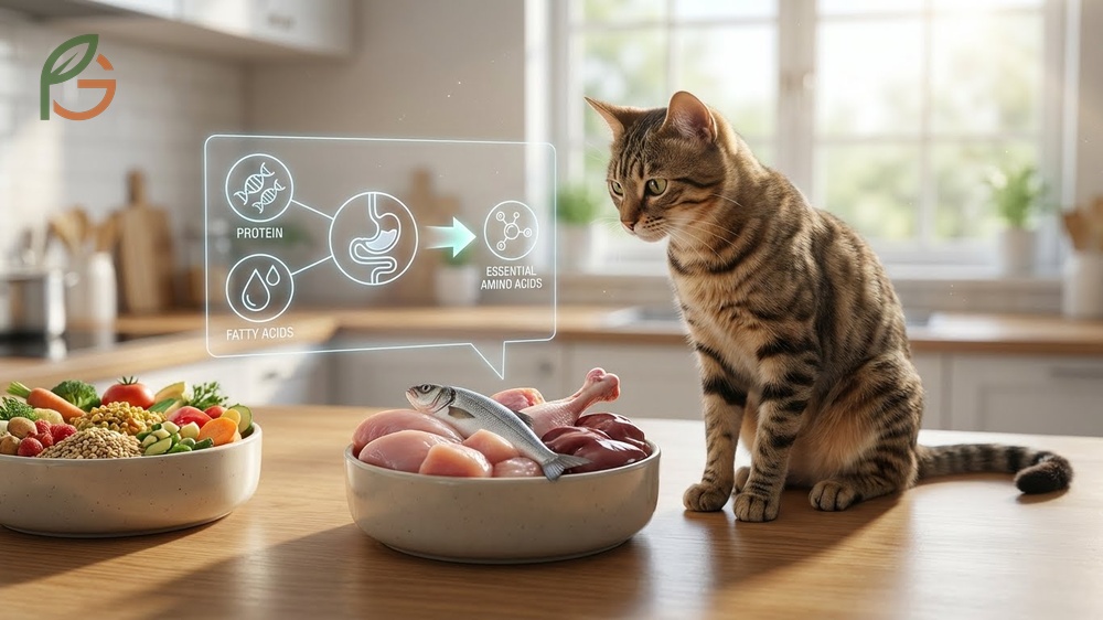 Understanding cat nutrition requirements chart showing high protein needs and inability to digest plant materials efficiently.