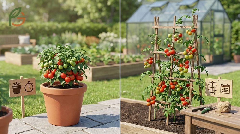 Bush vs vining tomatoes selection depends on space constraints with determinates fitting 2 feet spacing and indeterminates needing 4 feet.