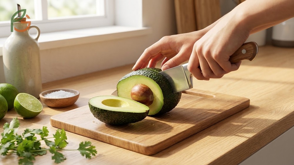 How to cut an avocado using the lengthwise method around the pit to create two even halves safely.