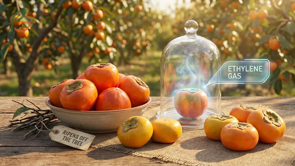 Persimmons ripen off the tree as climacteric fruits that continue producing ethylene gas after harvest for full sweetness.
